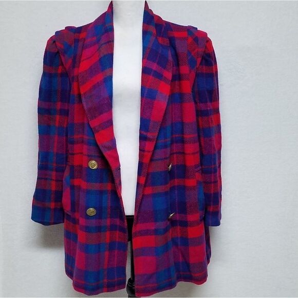 VINTAGE 1970s Dani Colby Pink Blue Plaid Recycled Wool Pleat Shoulder Jacket 18W - Picture 15 of 16
